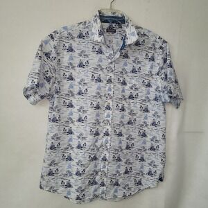 Van Heusen‎ Shirt Mens XL White Blue Tropical Palm Wave Print Short Sleeve